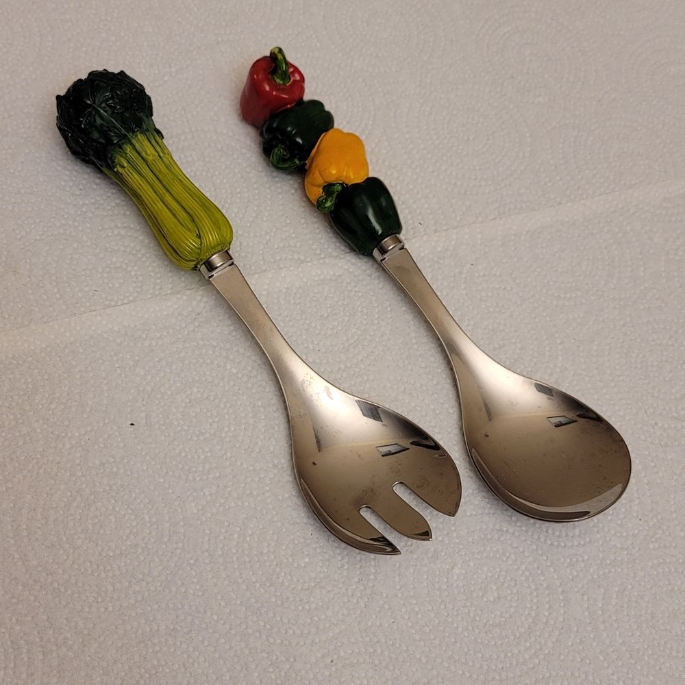 Vintage Vegetable Handle Salad Servers. Stainless Steel.
